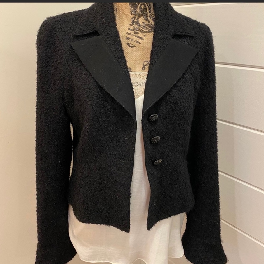 CHANEL jacket mohair and wool.  42 Black With Camellia buttons